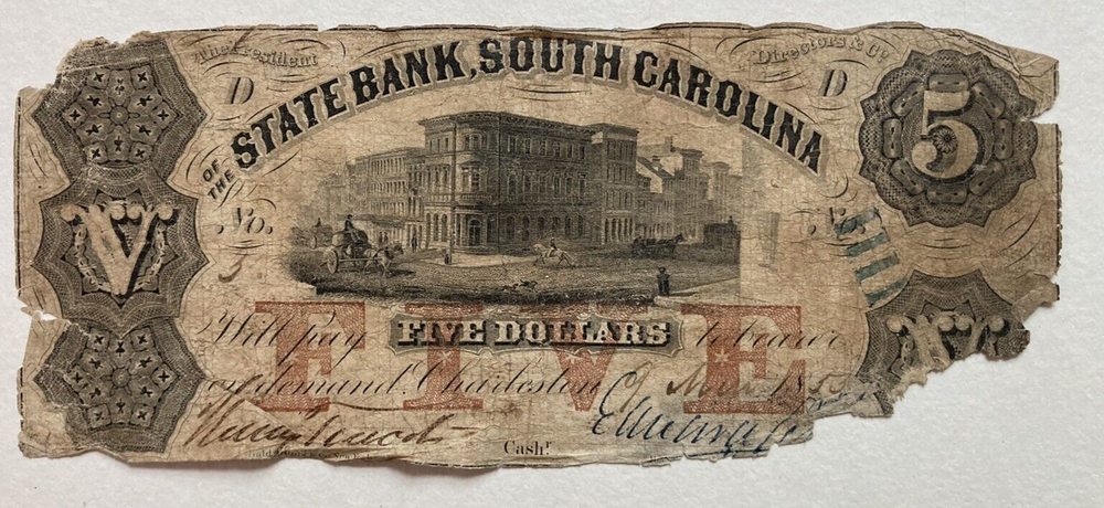 ~1857 $5 Five Dollars The State Bank of South Carolina