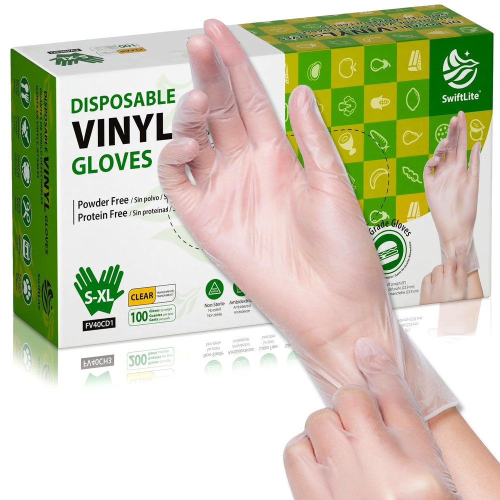 SWIFTLITE Latex-Free Disposable Vinyl Gloves Food Safe Clear Plastic Powder-Free
