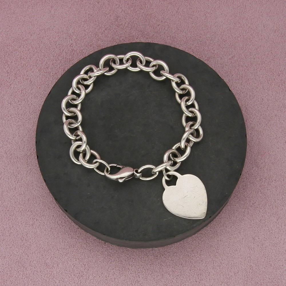 Tiffany & Co Sterling Silver Heart Charm Bracelet 8in Cable Chain