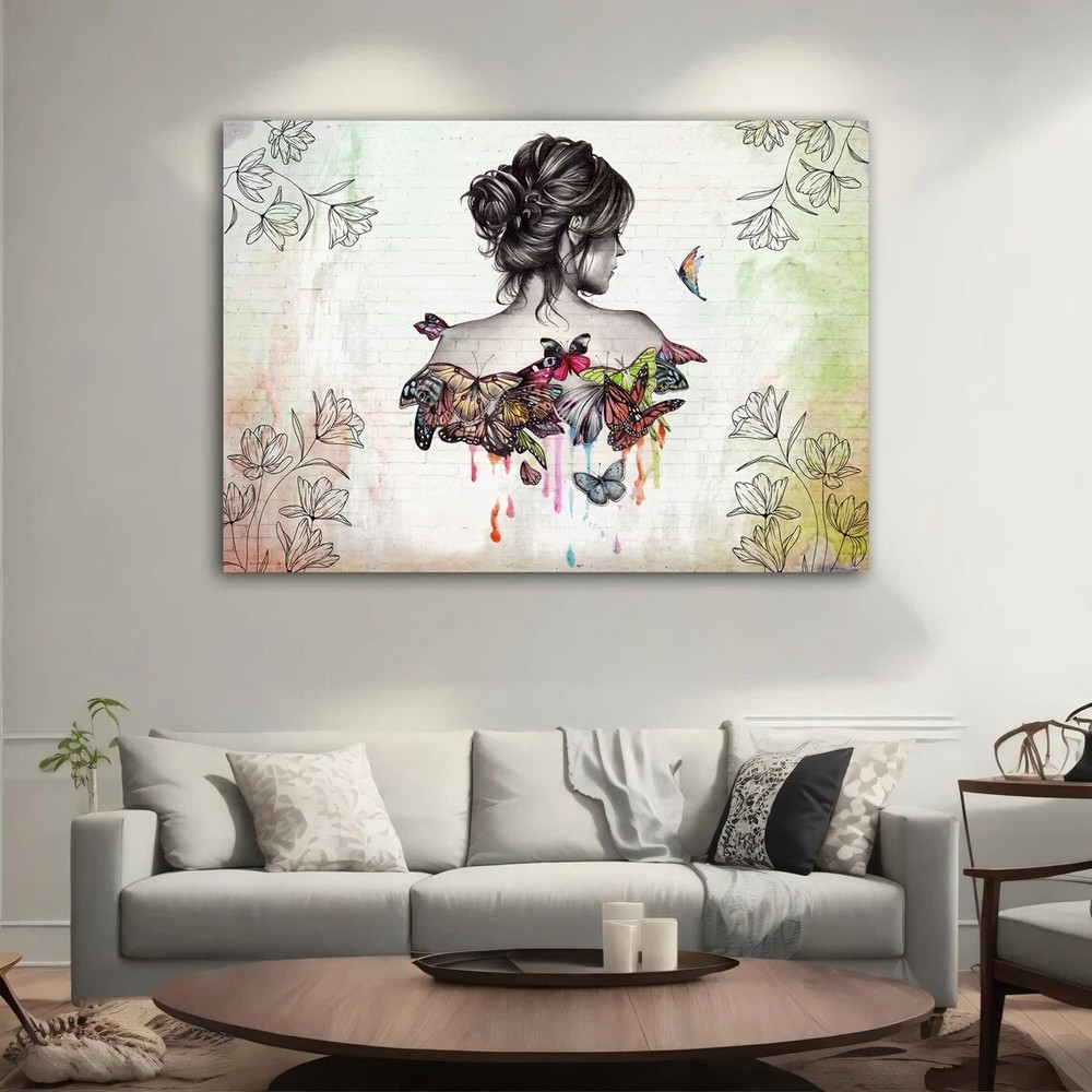 Colorful Woman and Butterflies Modern Unframed Canvas Print Australian Wall Art