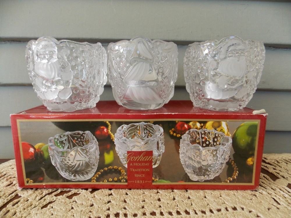Set of 3 Gorham North Pole Express Crystal Votive Tea Light Candle Holders