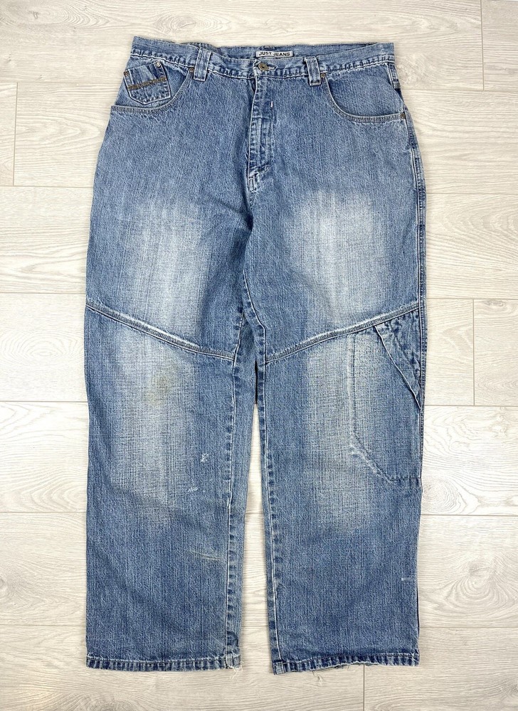 Vintage Y2K Baggy Wide Leg Washed Denim Blue Distressed Pants Jeans 36 Mens Size