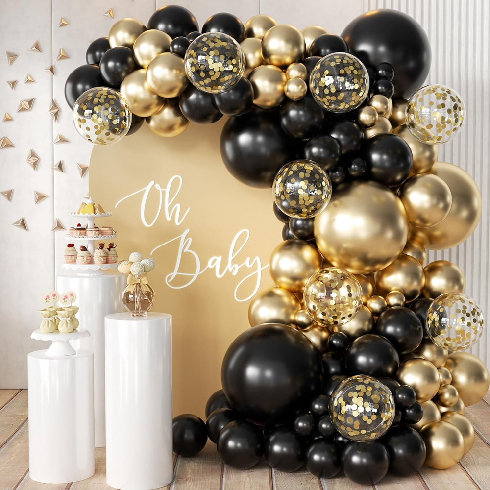 155Pcs Black and Gold Balloon Garland Arch Kit with Gold Confetti Balloons for G