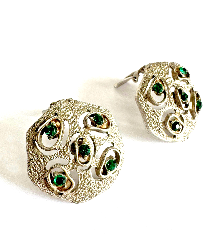 Earrings Silver Textured Emerald Green Rhinestones Amoeba Organic Textured 1.5”