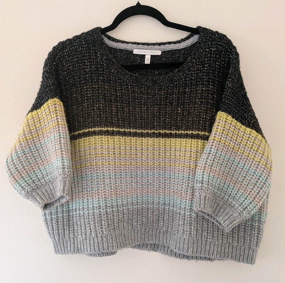 Victoria Secret Gray/Yellow/Black Sweater Womens M Chunky Crop Y2K Cotton/Wool