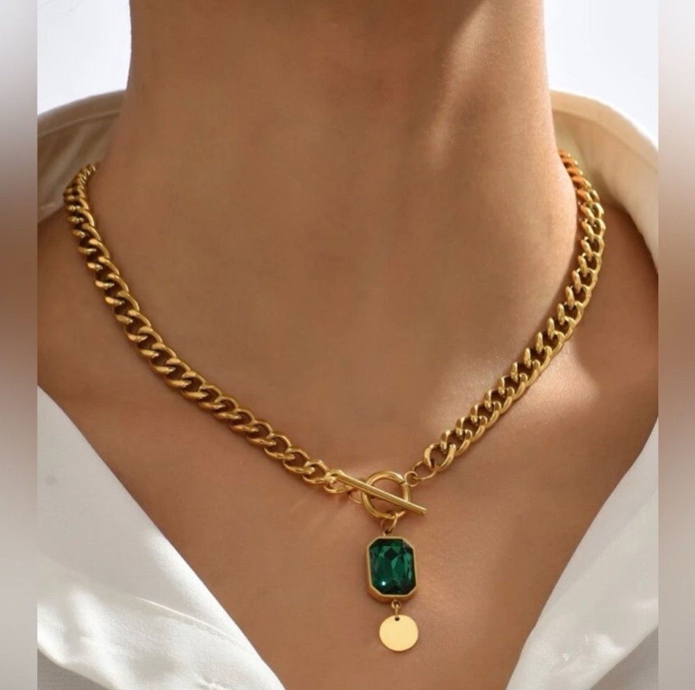 Gold Plated Stainless Steel Emerald Pendant Necklace - Dainty Green Gemstone Jewelry