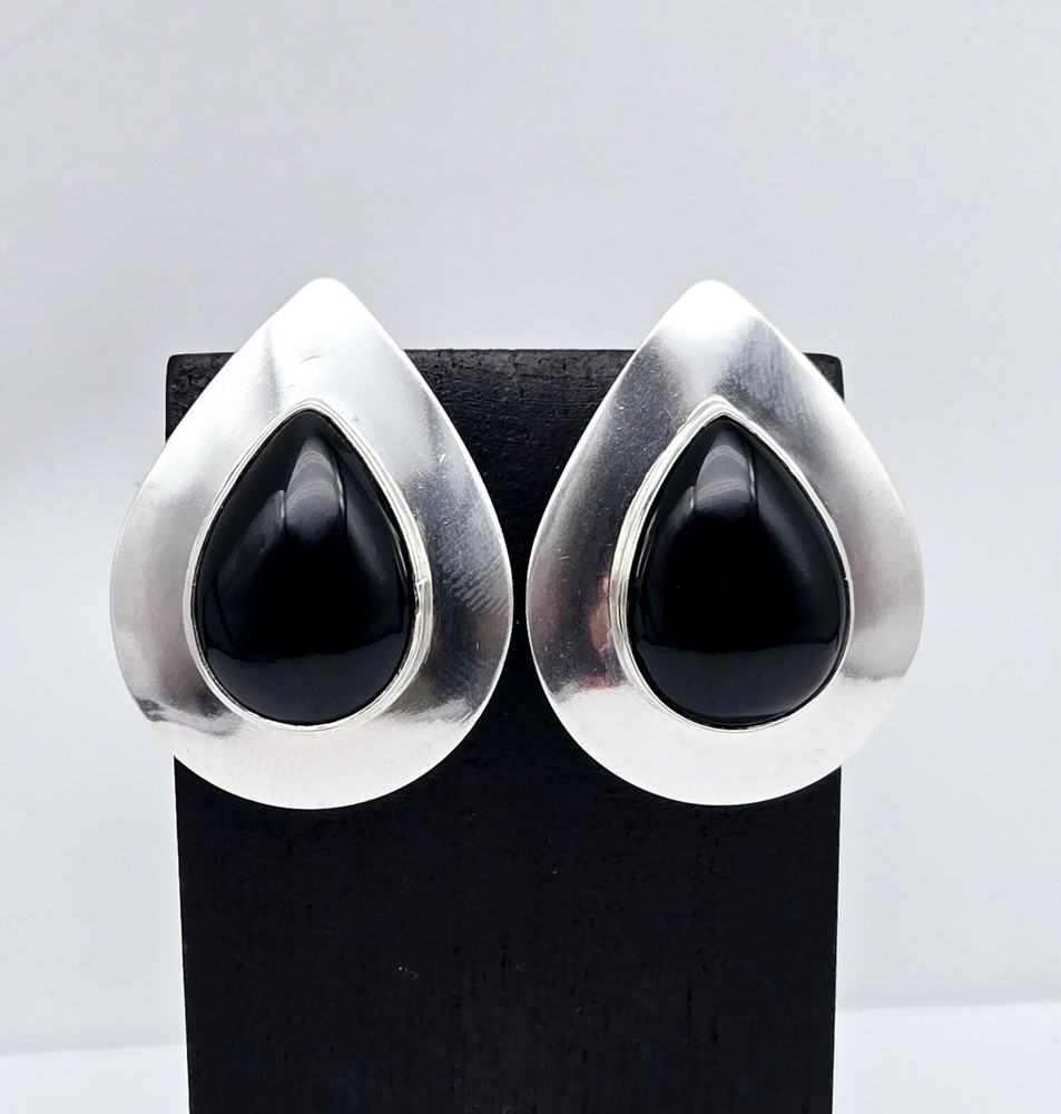 Vintage Native American 'M' Sterling Silver & Onyx Inlay Modern Earrings - 14.0g