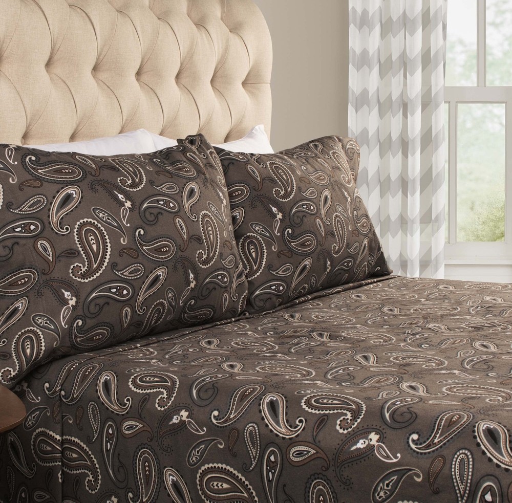 Paisley or Solid Flannel Cotton Sheet Set, Fuzzy Warm Sheets, Traditional Boh...