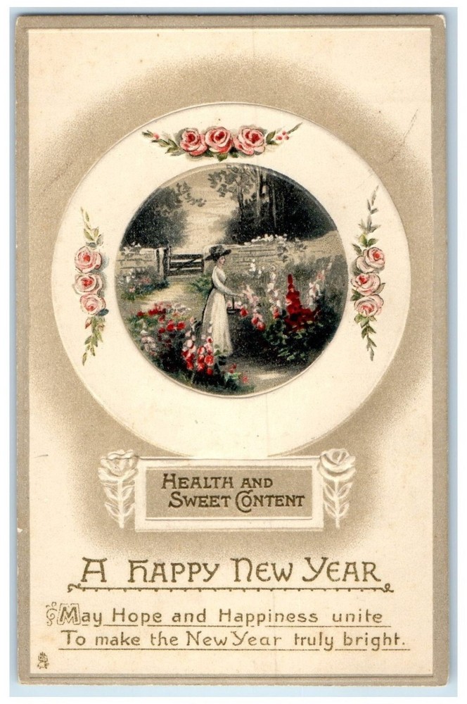 c1910's New Year Woman Big Hat Picking Flowers Embossed Tuck's Antique Postcard-image