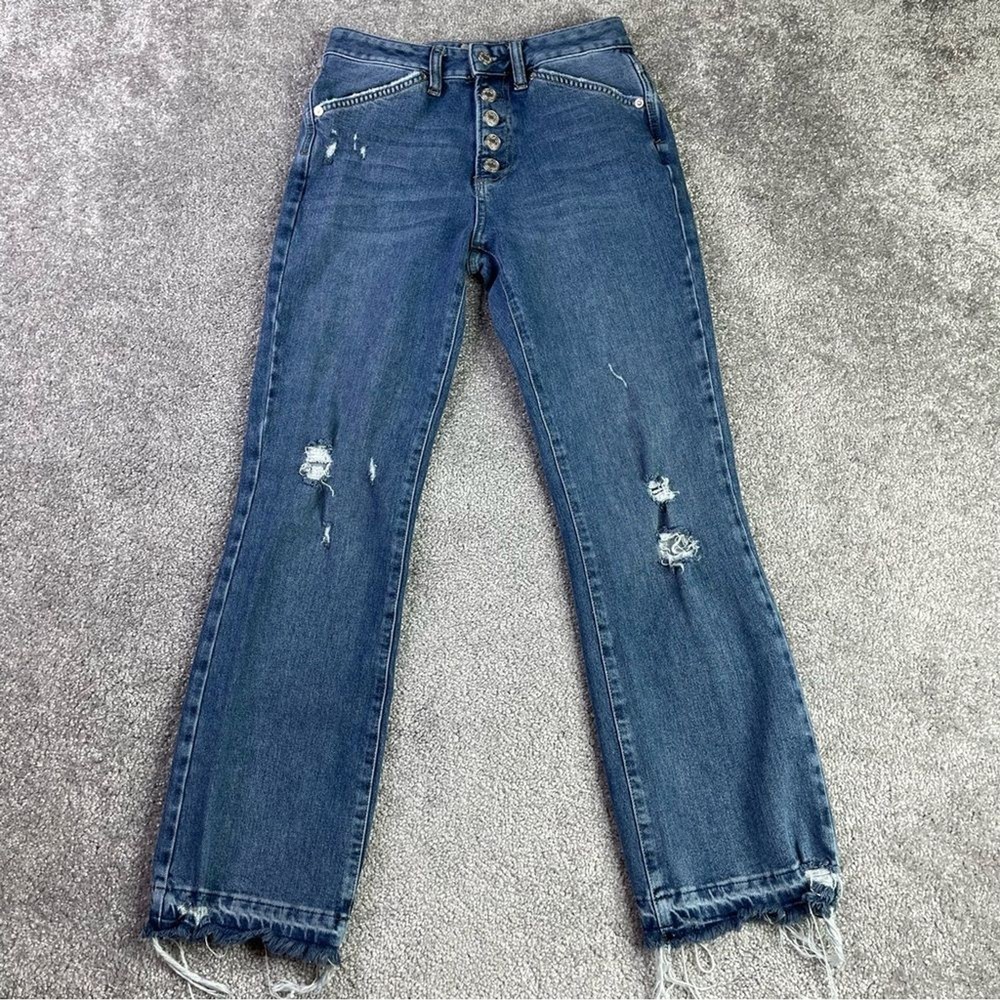 We The Free Jeans Women's 25 Blue Skinny Mid-Rise Frayed Hem Ripped Button Fly