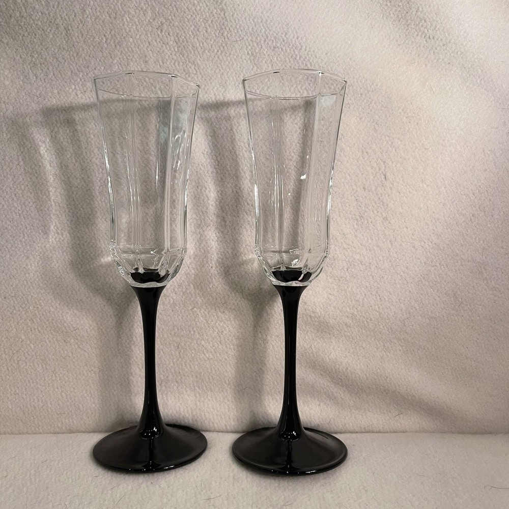 Vintage Set of 2 Luminarc France Crystal Black Stem Champagne Flutes