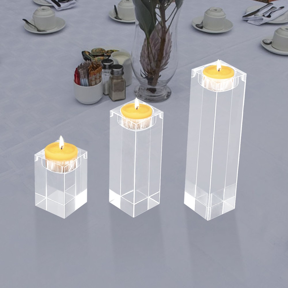 3Pcs Crystal Candle Holders Square Home Decor Centerpiece Tealight Holder Set