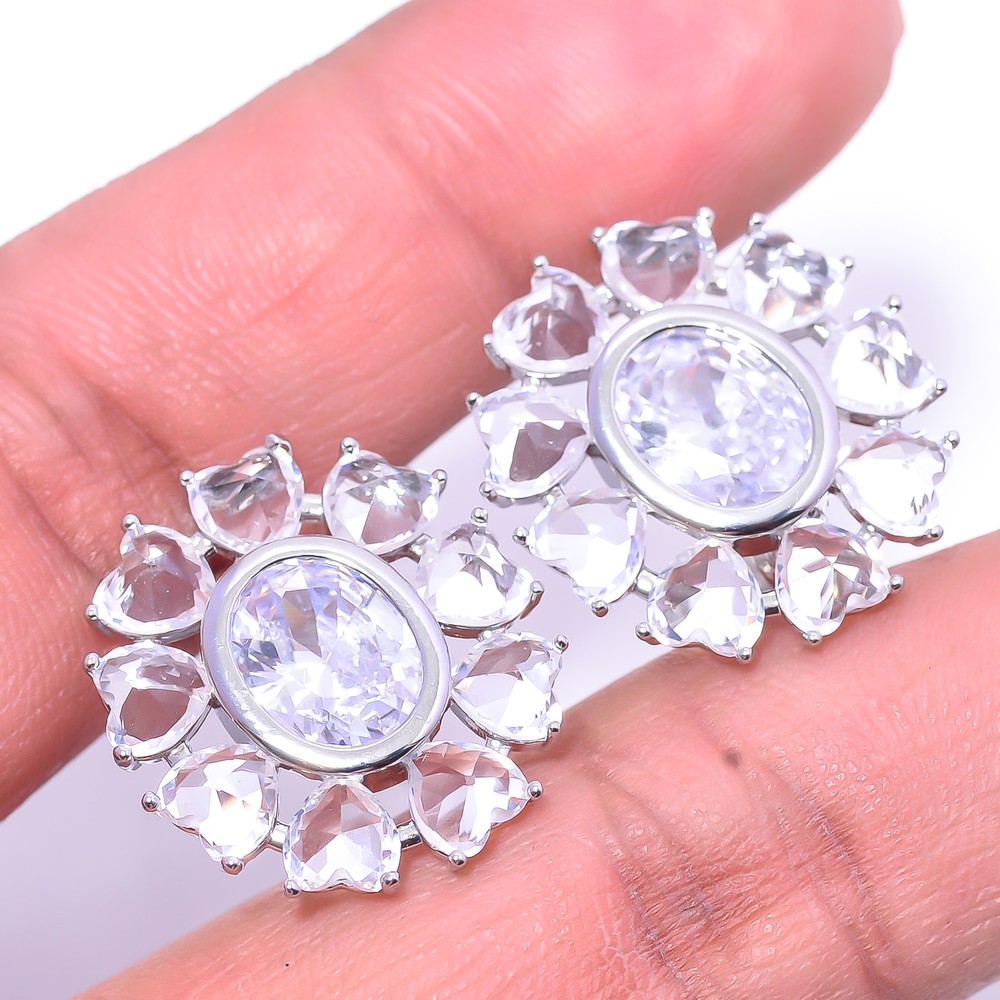 White Topaz Sterling Silver Flower Handmade Earrings 0.78 Inch E17