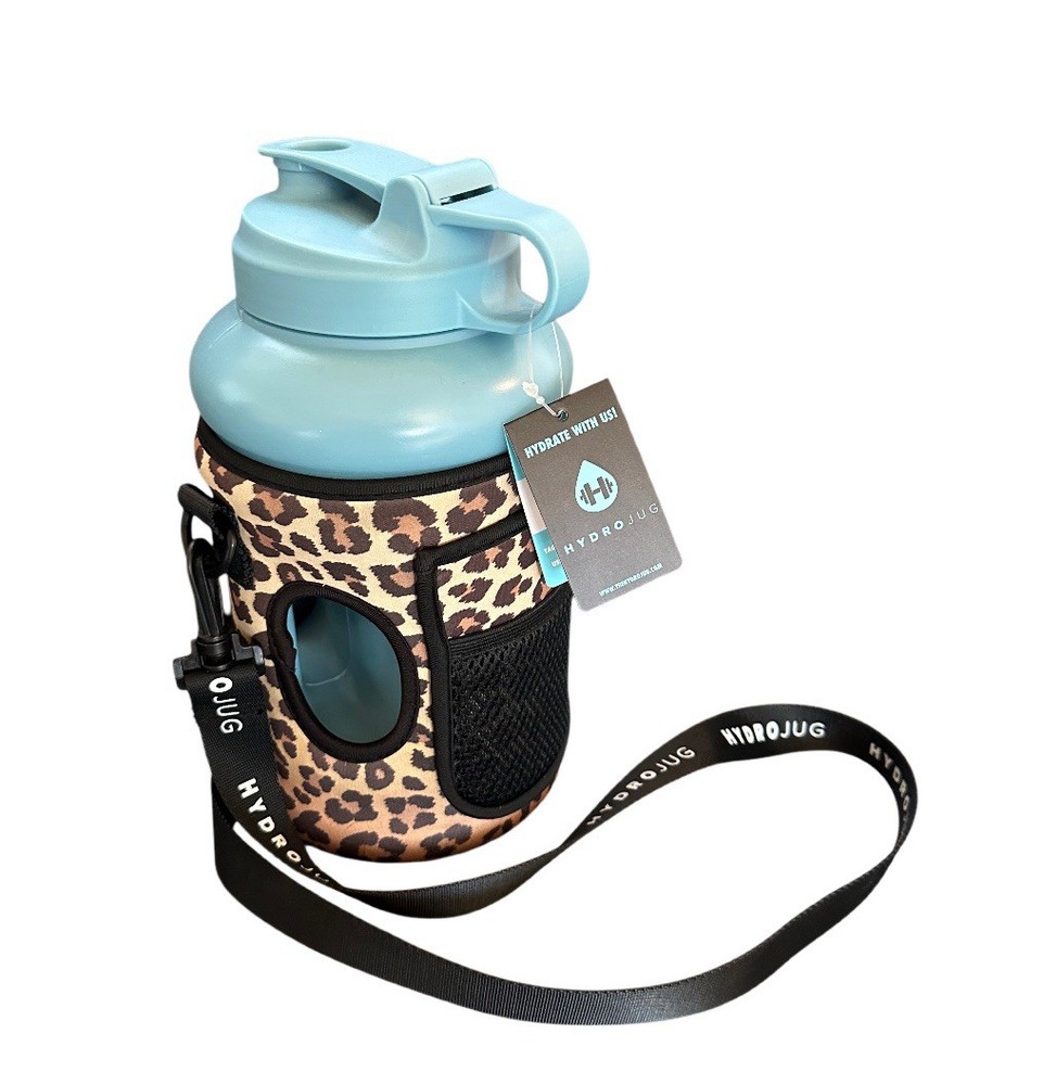 73oz Blue HydroJug with Leopard Sleeve and Strap for Ultimate Hydration