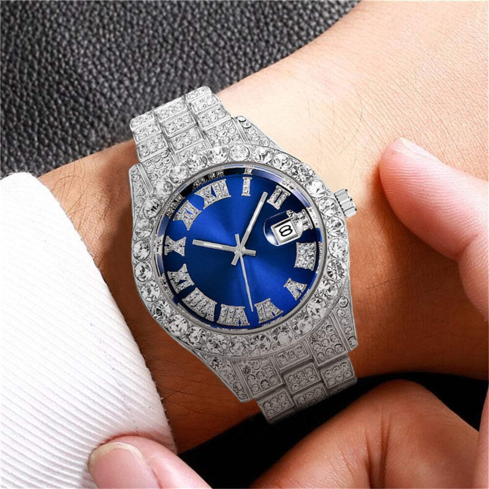 Stylish Men's Quartz Watch with Diamond Roman Steel Belt and Colorful Dial Optio