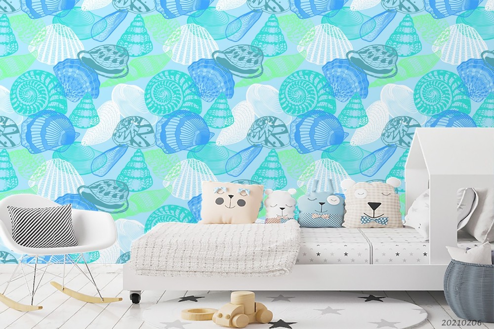 3D Seashell Watercolor Pattern Wall Murals Wallpaper Murals Wall Sticker 3