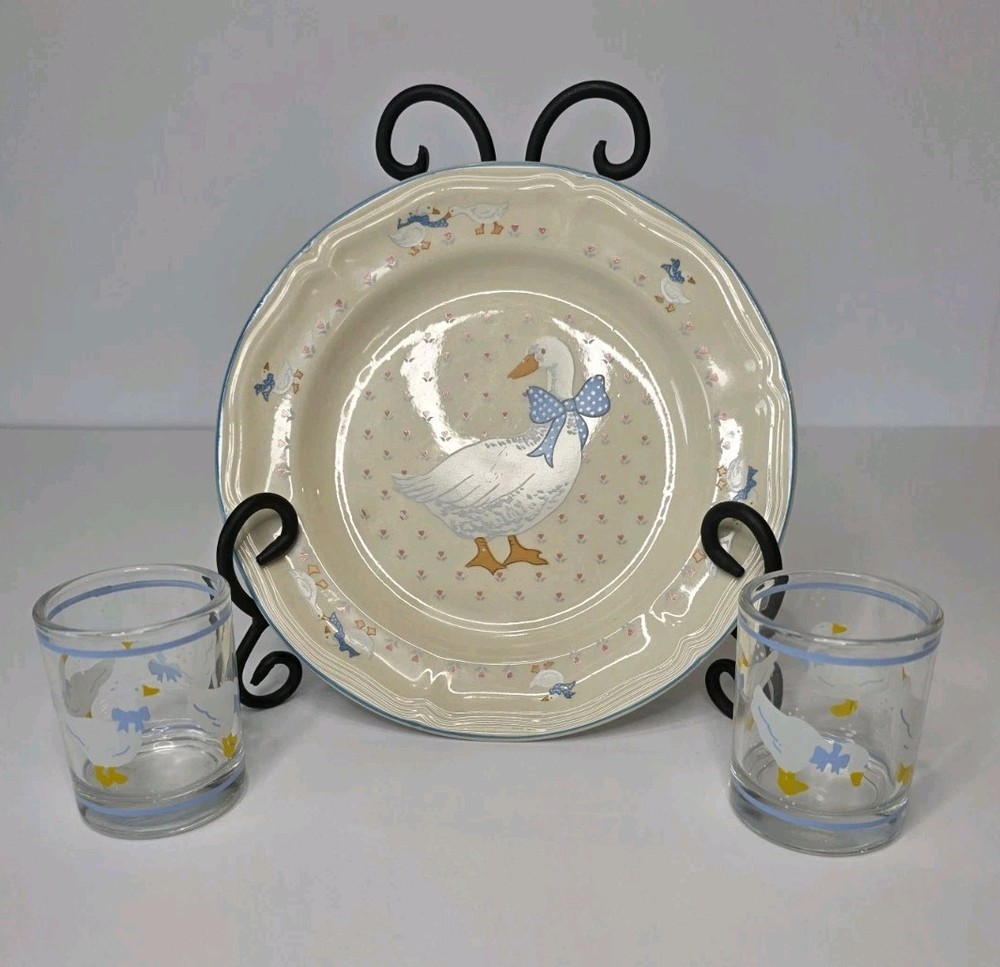 Vintage 1980s Aunt Rhody Goose Farmhouse Salad Plates and Glasses Set