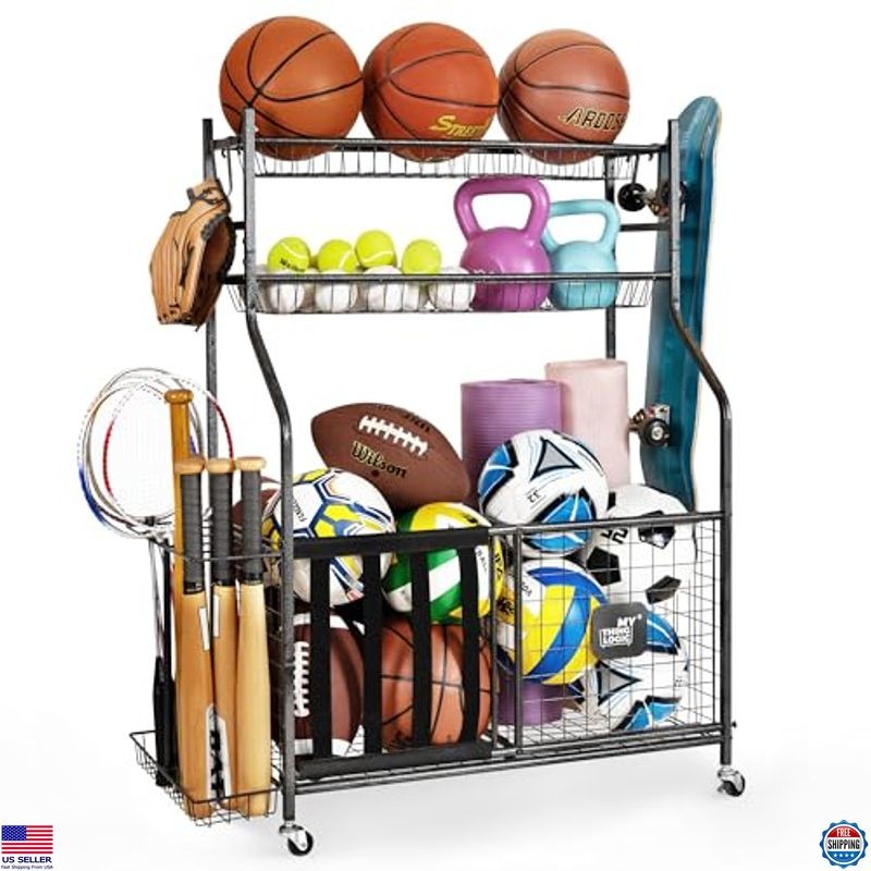 Large Capacity Garage Sports Organizer with Hooks for Equipment Storage