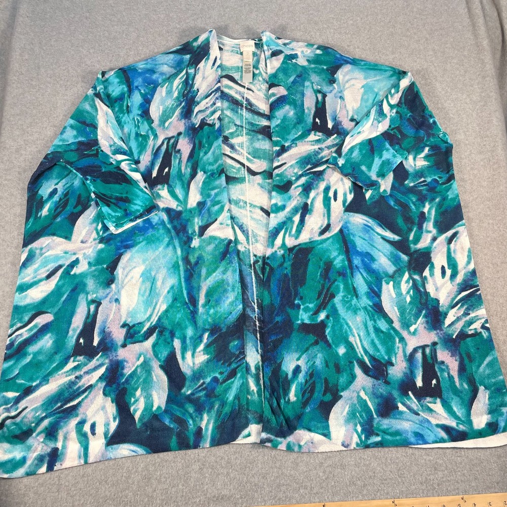 Chico's Womens Top Open Short Sleeve Cardigan Size 2 12 Blue Green Beach Summer