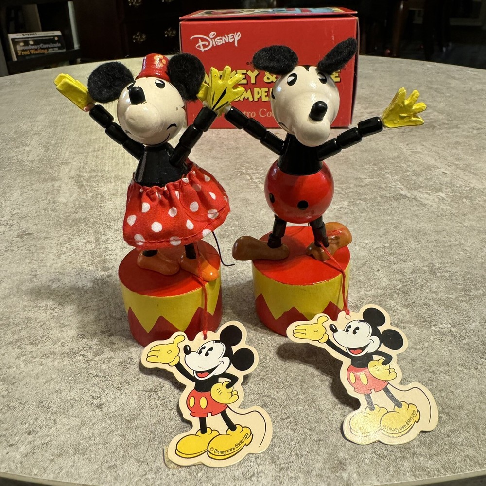 Disney Retro Style Collection Wooden Thumb Toys Mortimer Minney And Mickey Mouse