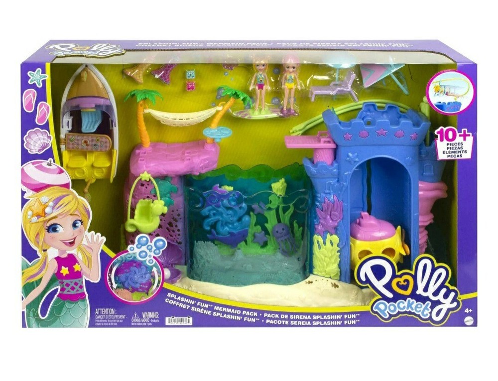 Polly Pocket Splashin’ Fun Mermaid Pack, Water Tank, Two Dolls New