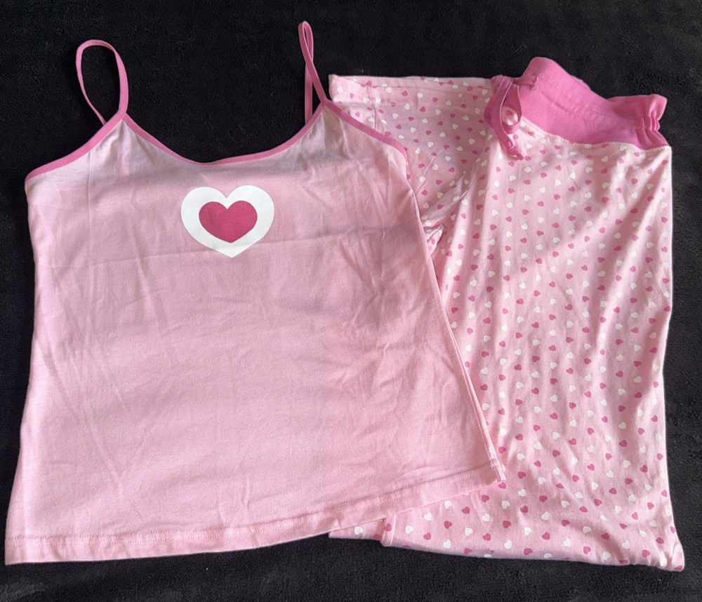 NEW 2 Piece Junior's Summer Pajama Set Pink Heart Print Size Small Tank Top Pant