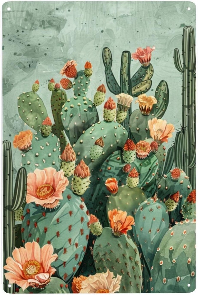 Vintage Aluminum Tin Sign with Prickly Pear Cactus Retro Design