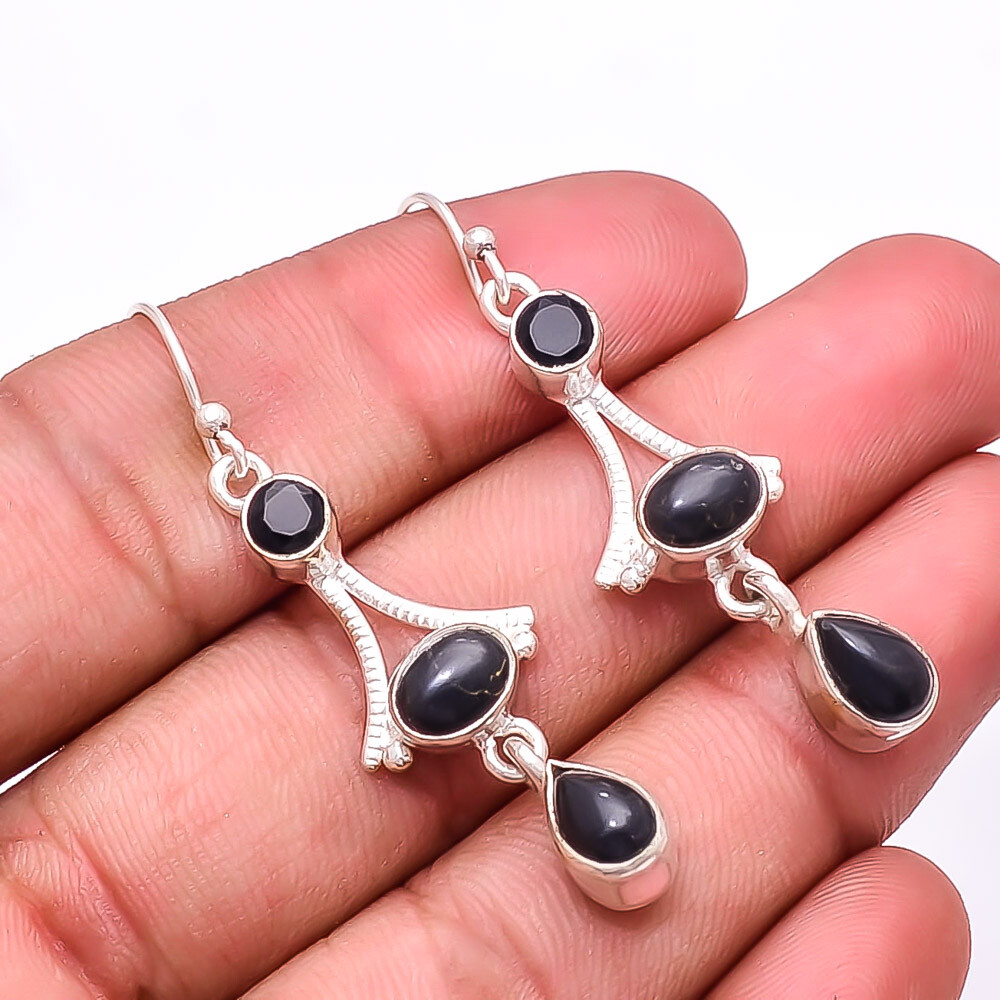 Black Onyx Multi Collet Gemstone 925 Sterling Silver Earring 2.03