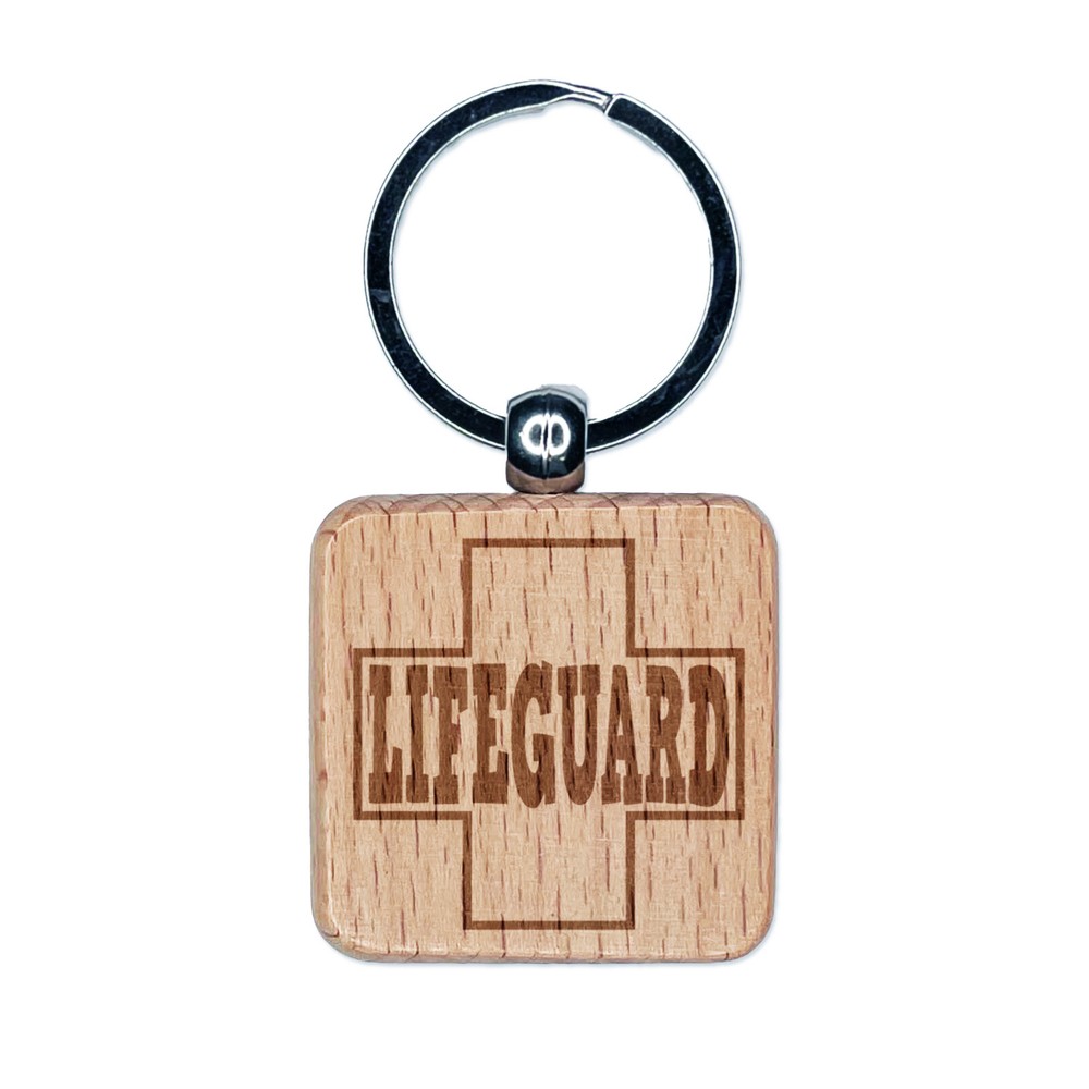 Lifeguard Engraved Wood Square Keychain Charm with Cross Design  
