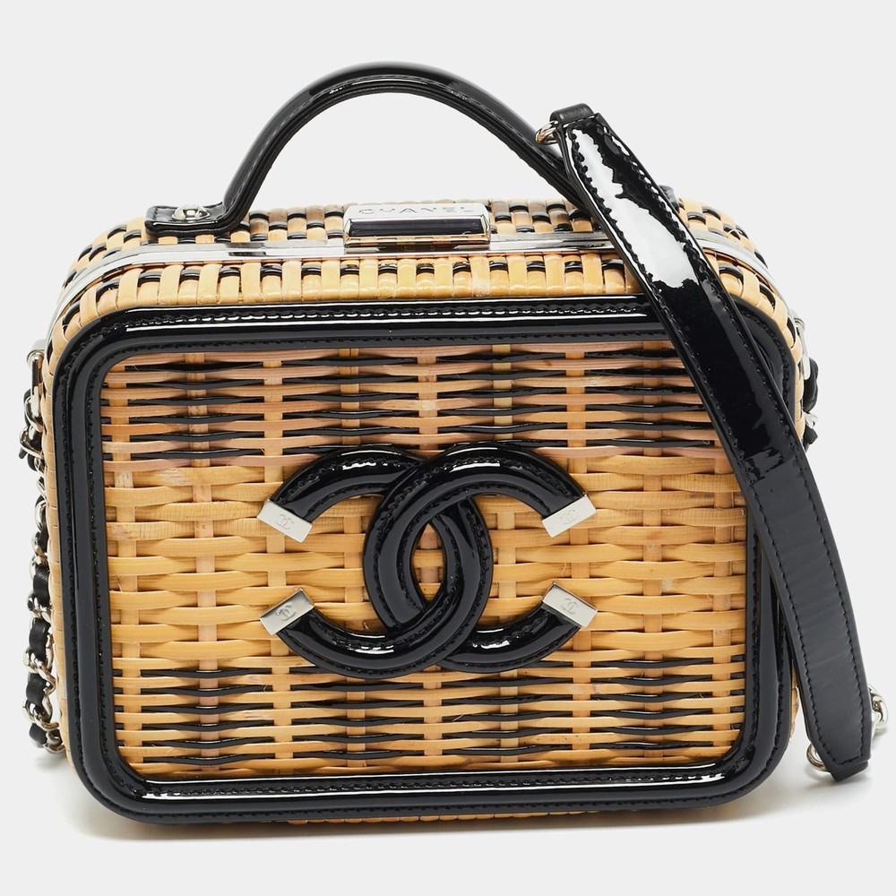 Chanel CC Filigree Vanity Case Small BeigeBlack Rattan and Patent Leather