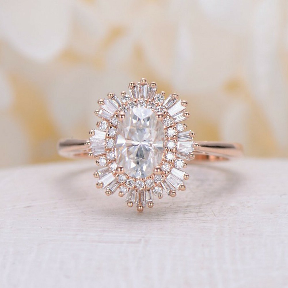 Stunning Oval Cut Simulated Diamond Halo Engagement Ring In 14K Rose Gold Plated
