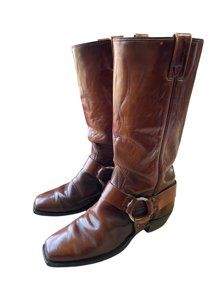 Vintage Wrangler Boots Harness Square Toe Brown Engineer Leather Mens Size 9D