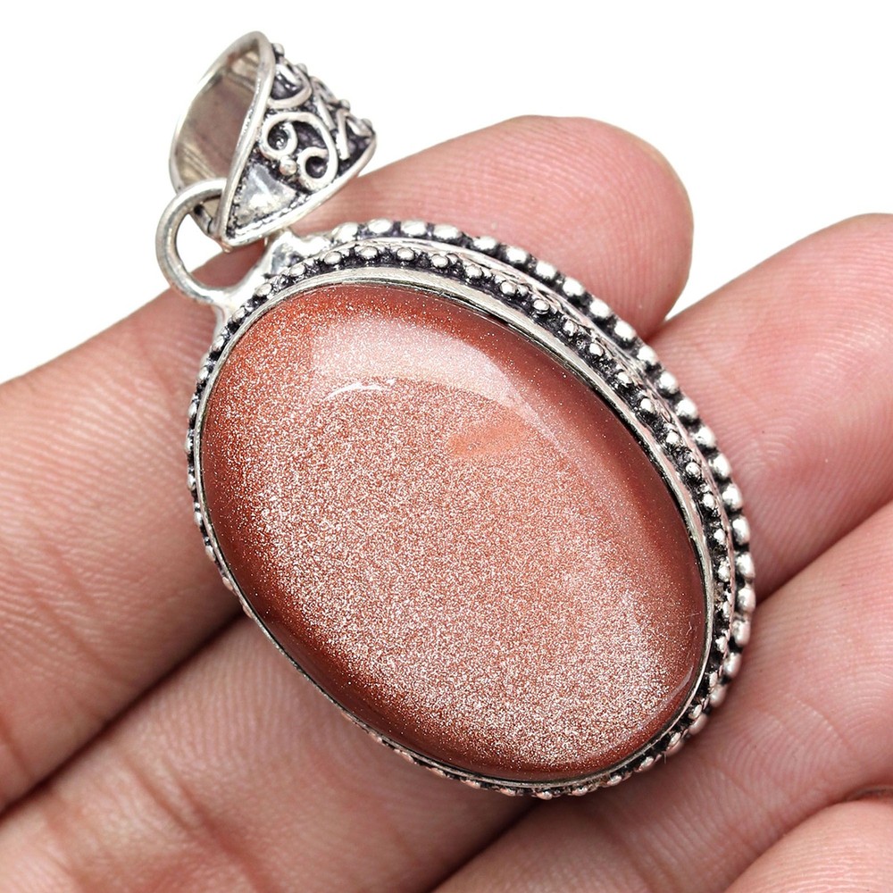 Red Sunsitara Gemstone Silver Pendant for Mother's Day Handmade 2 Inch