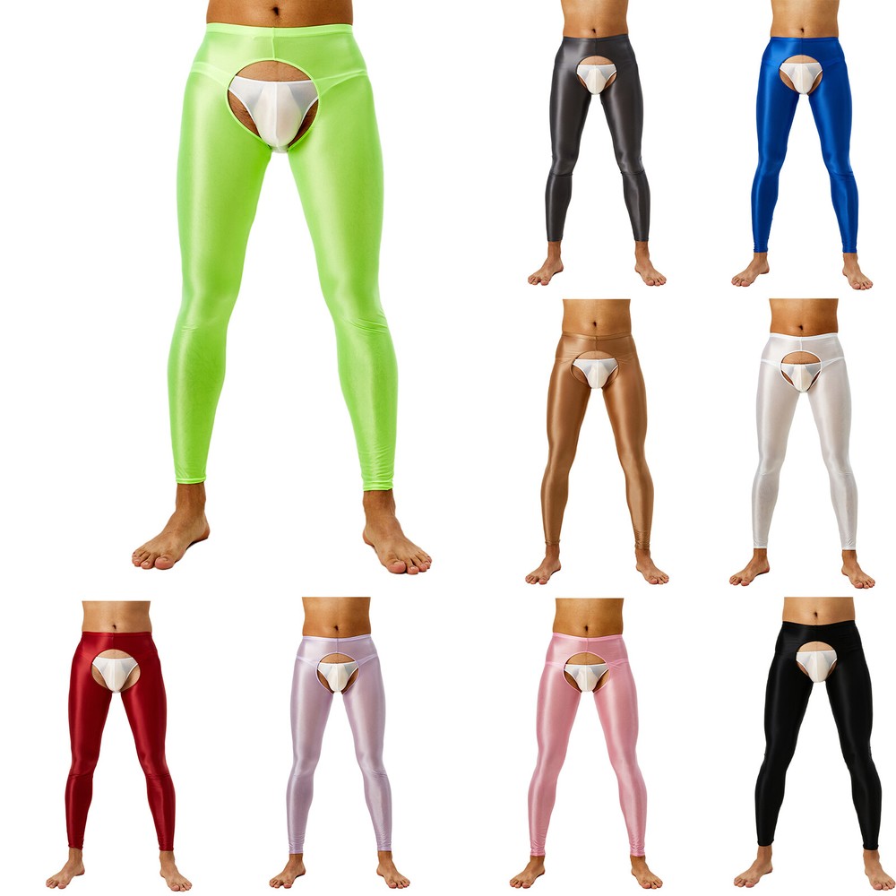 US Men's Oil High Elastic Pencil Pants Open Crotch Solid Color Long Pants Tights