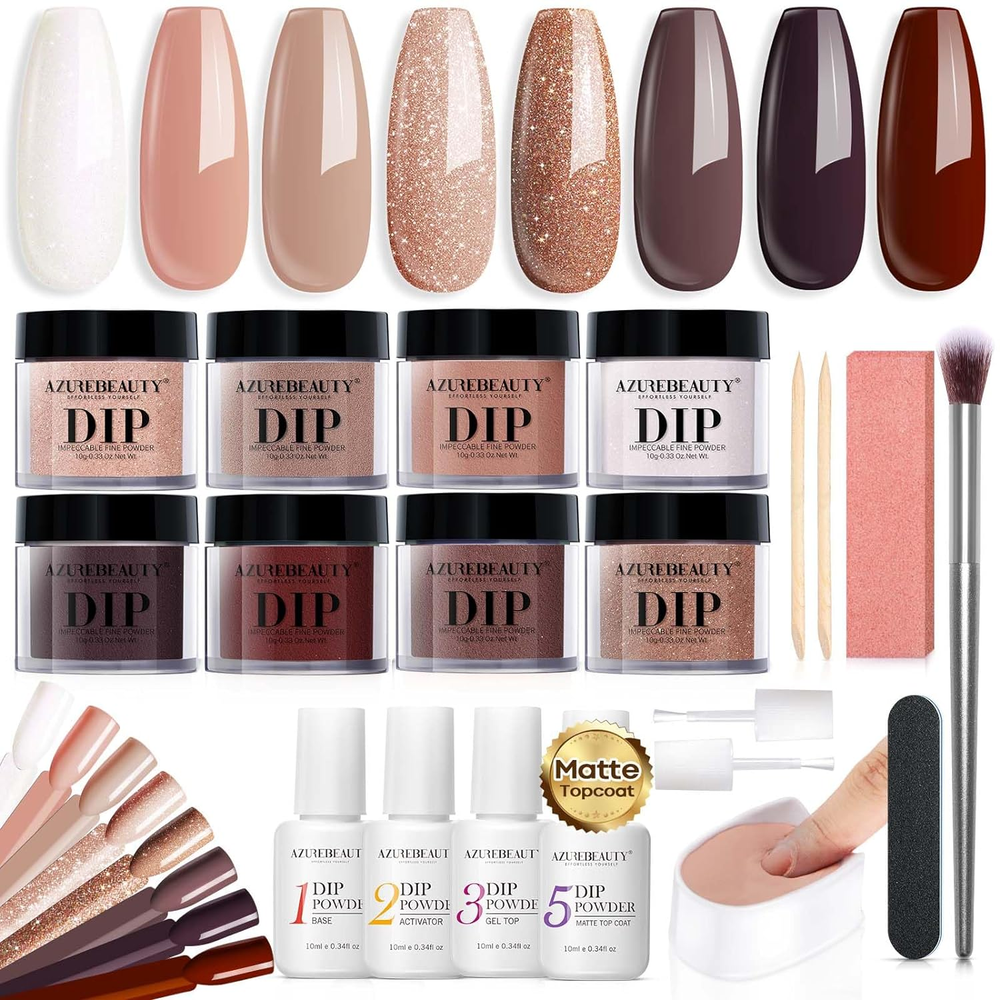 Dip Nails Powder Starter Kit Nude Brown Giltter Shimmer 8 Colors Set Nail Sticks
