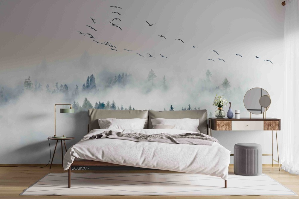 3D Fog Forest Bird Wall Murals Wallpaper Murals Wall Sticker