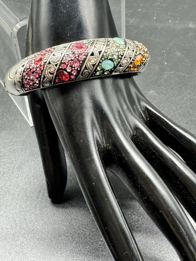 Brighton Heart Mark Cuff Bangle Bracelet Multi-Stone Etched Silver Tone