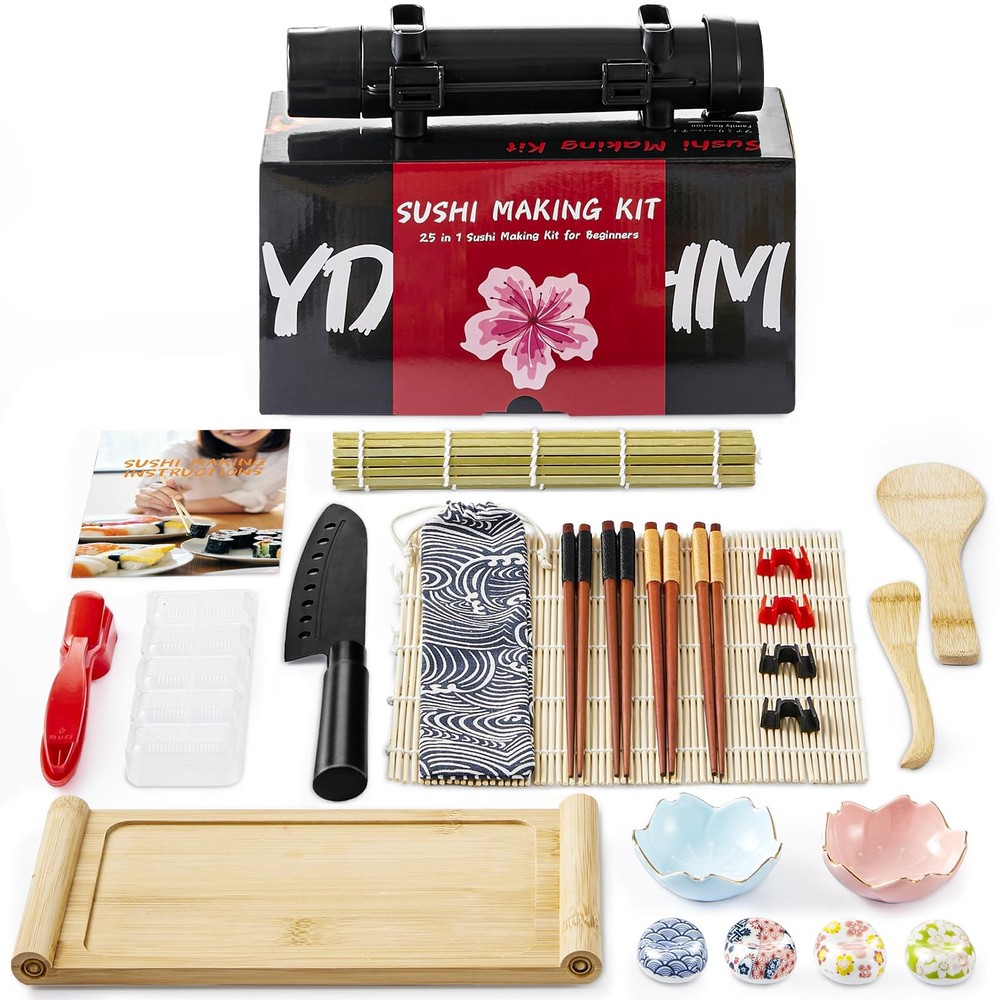 Deluxe 25-in-1 Sushi Making Kit with Bamboo Mat, Knife, Bazooka Roller & Sauce Tray