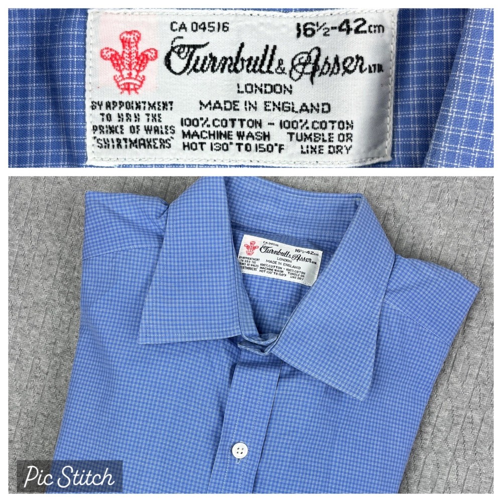 vintage Turnbull & Asser Dress Shirt Men L 16.5 Blue Graph Check Made in England