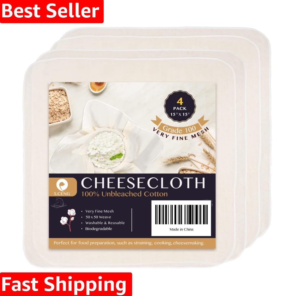 Durable Precut Cheesecloth 15x15'' 4-Pack - Perfect for Cheese & Yogurt Making