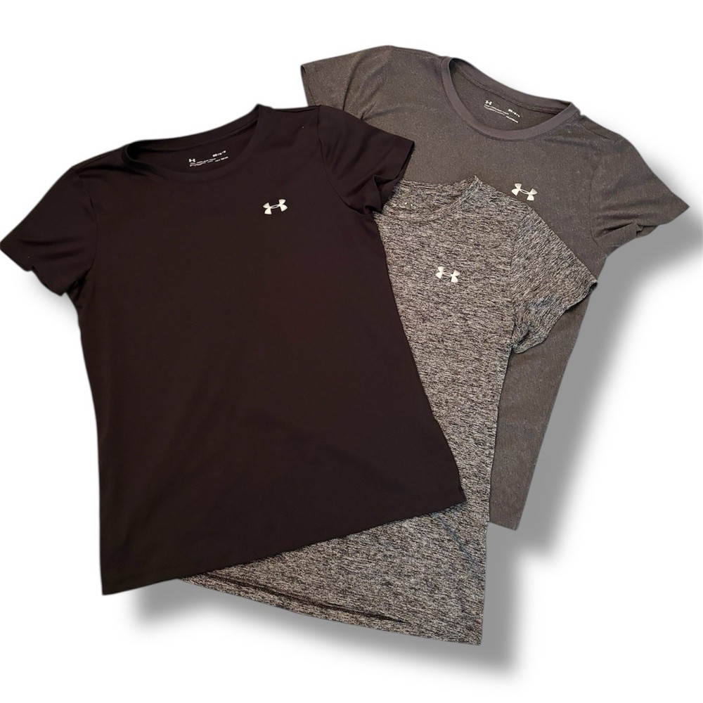 Under Armour Women's Lot 3- Gray Black Short Sleeve Crew Neck Tee Heat Gear Med