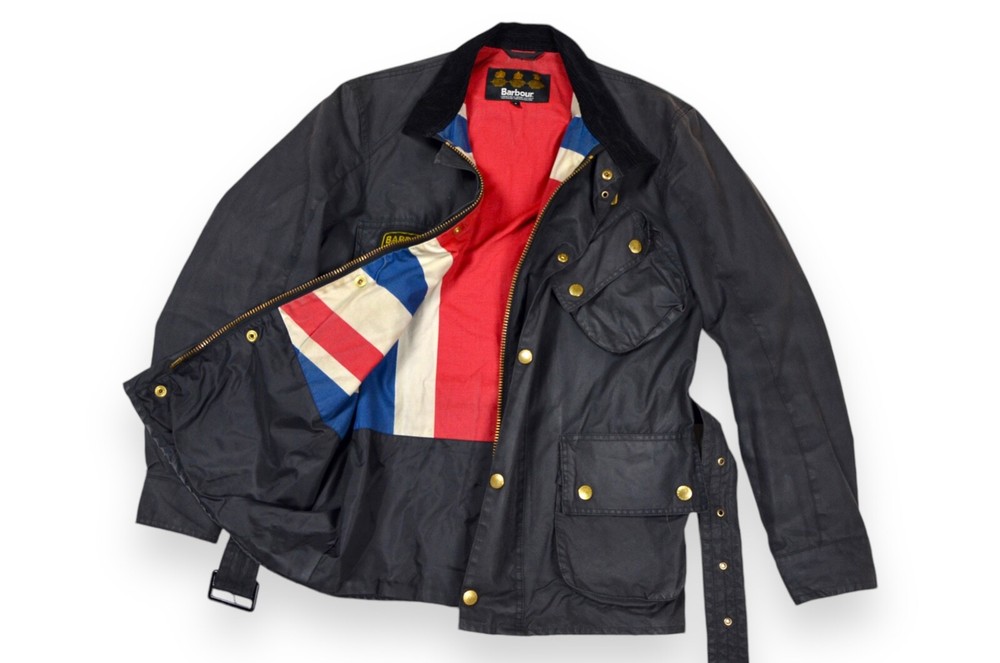 Men's Barbour Union Jack Jacket International Wax Motorcycle Belt England Size S