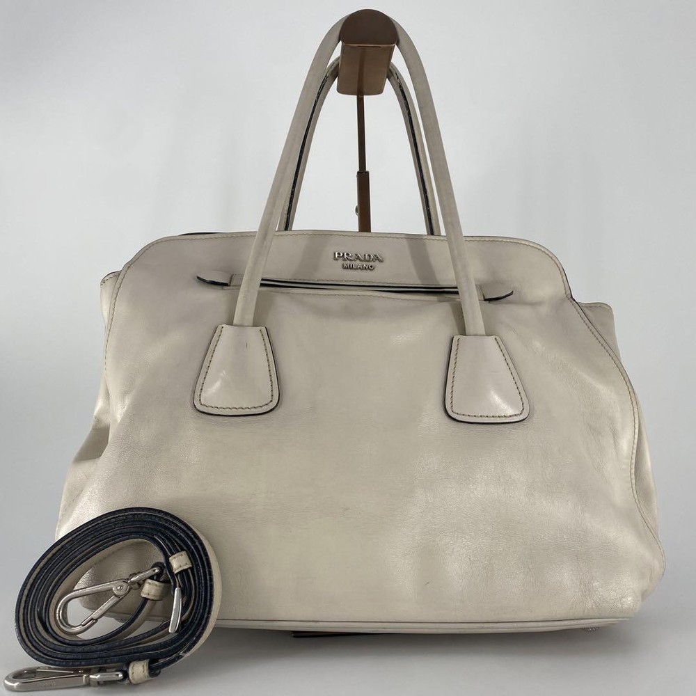 Prada White All Leather 2-Way Tote Shoulder Bag Pre-Owned