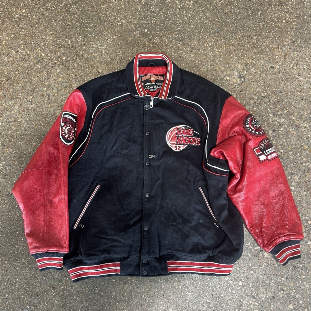 Vintage School Of Hard Knocks Varsity Leather Jacket Mens 3XL Red Black 90s Y2K