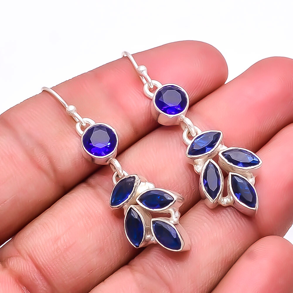 Blue Sapphire -Simulated Multi Collet 925 Sterling Silver Earring 2.03
