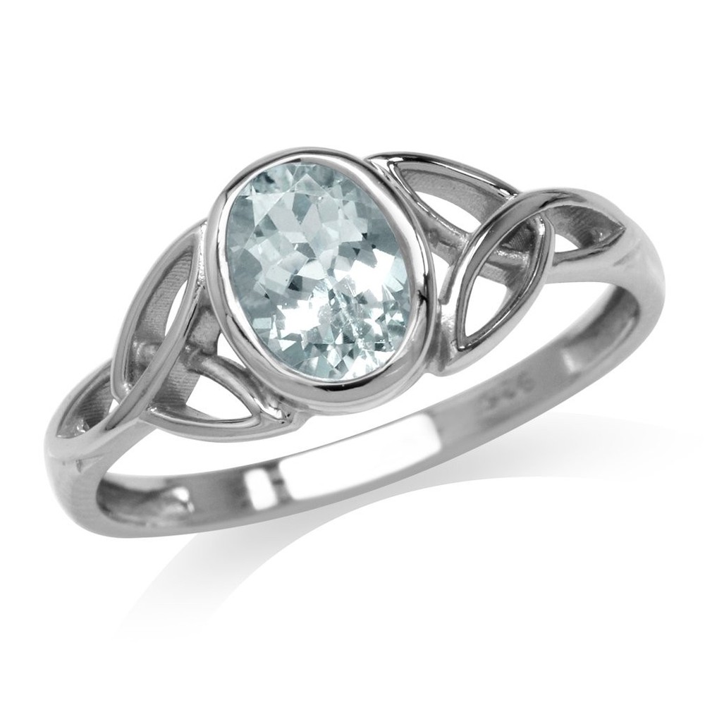 Genuine Blue Aquamarine White Gold Plated 925 Sterling Silver Triquetra Celti...