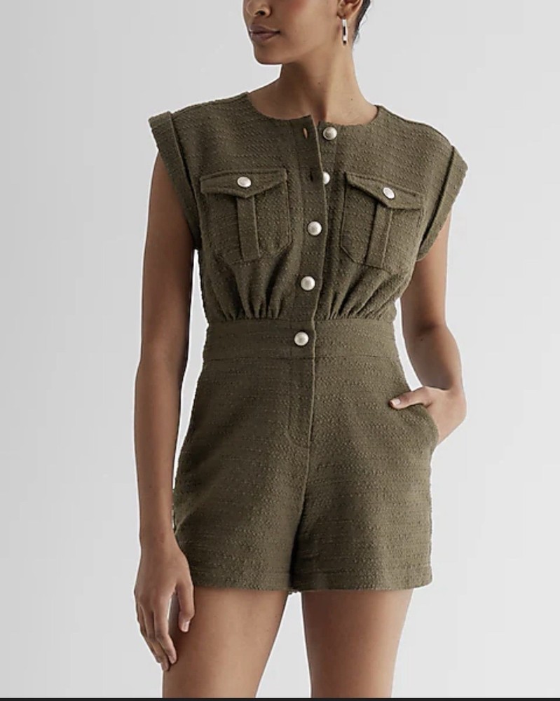Express Women's Olive Romper Sleeveless Button Front Pockets Size 4