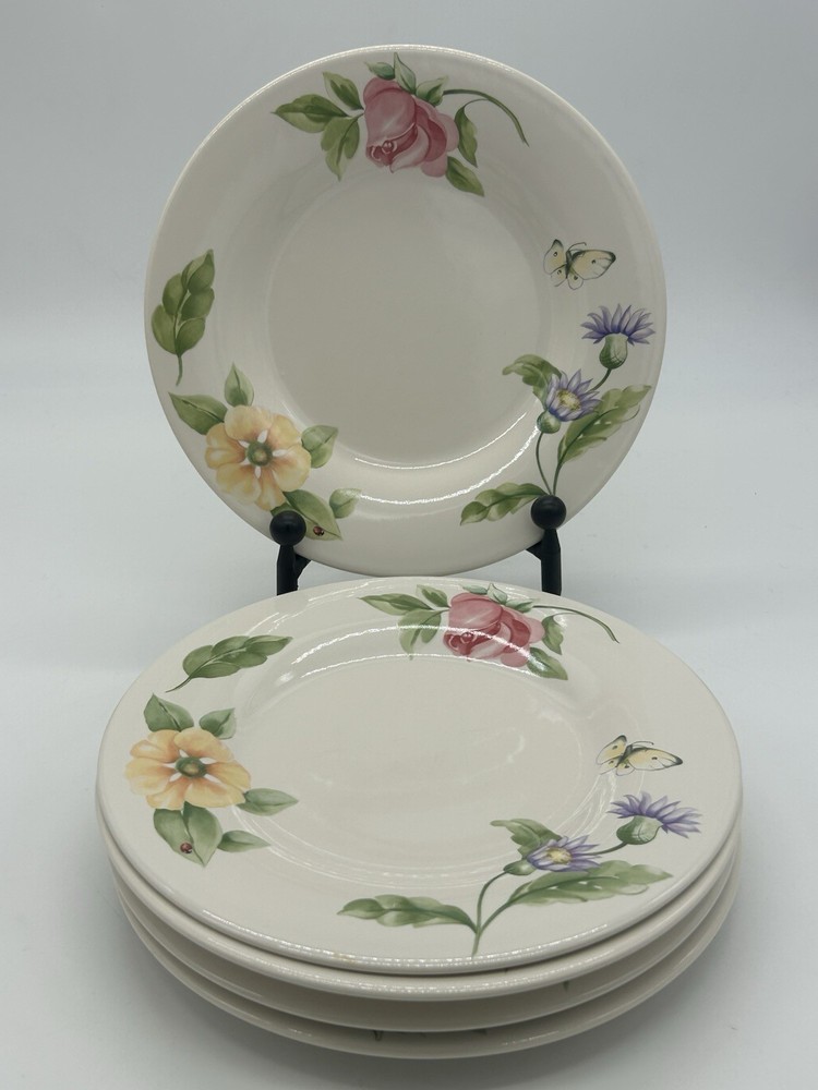 Pfaltzgraff Portfolio 8-Inch White Floral Butterfly Salad Plates Set of 5 Vintage USA