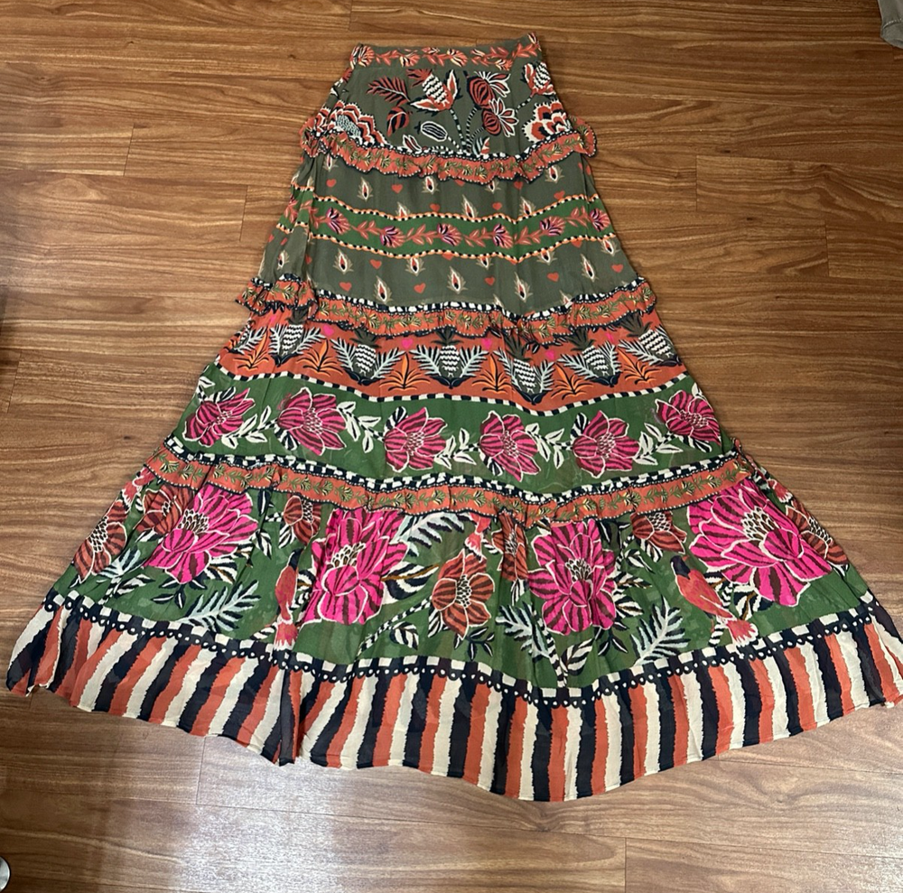 FARM RIO Maxi Skirt Multicolor size XS AINIKA FLORAL Garden Tiered Peasant Boho