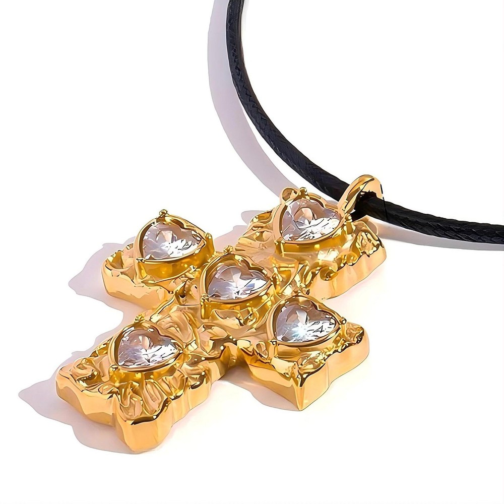 18K Gold Plated Hammered Heart Cross Pendant Necklace with White CZ Stones | Hypoallergenic